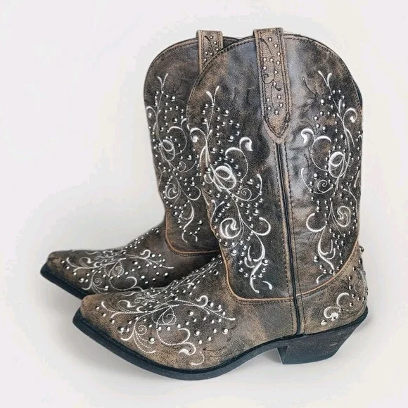 ROCKIN COUNTRY Womens Brown Leather Silver Studded Western Pull On Boots Sz 11M - Picture 3 of 8
